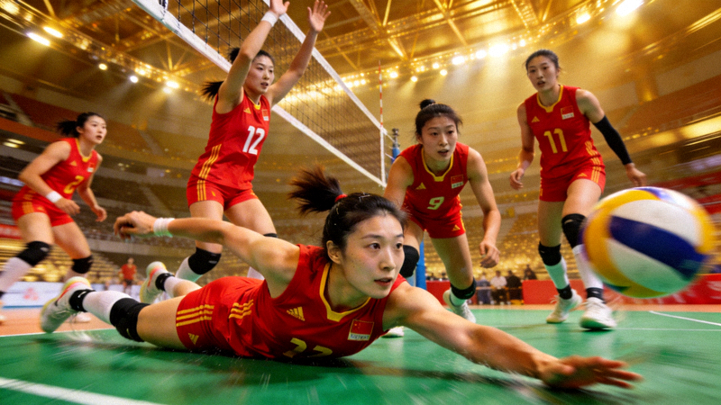 中国女排队员在赛场上奋力救球团结协作的瞬间